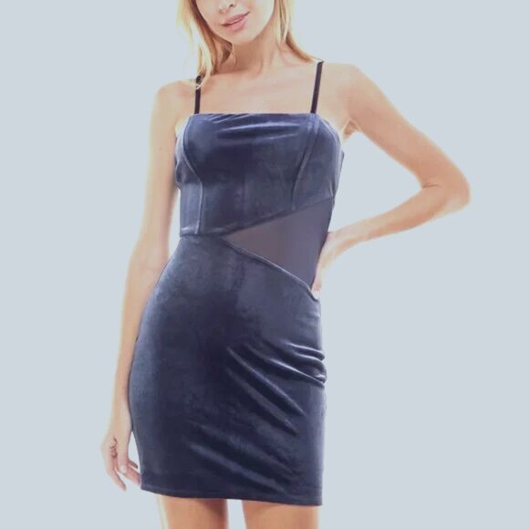 NWT Trixxi Blue Velvet Mesh inset Mini Strappy Party Dress square neckline NEW - Picture 1 of 7